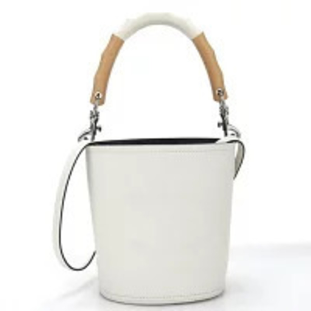 Prada white leather bucket bag wooden top handle shoulder